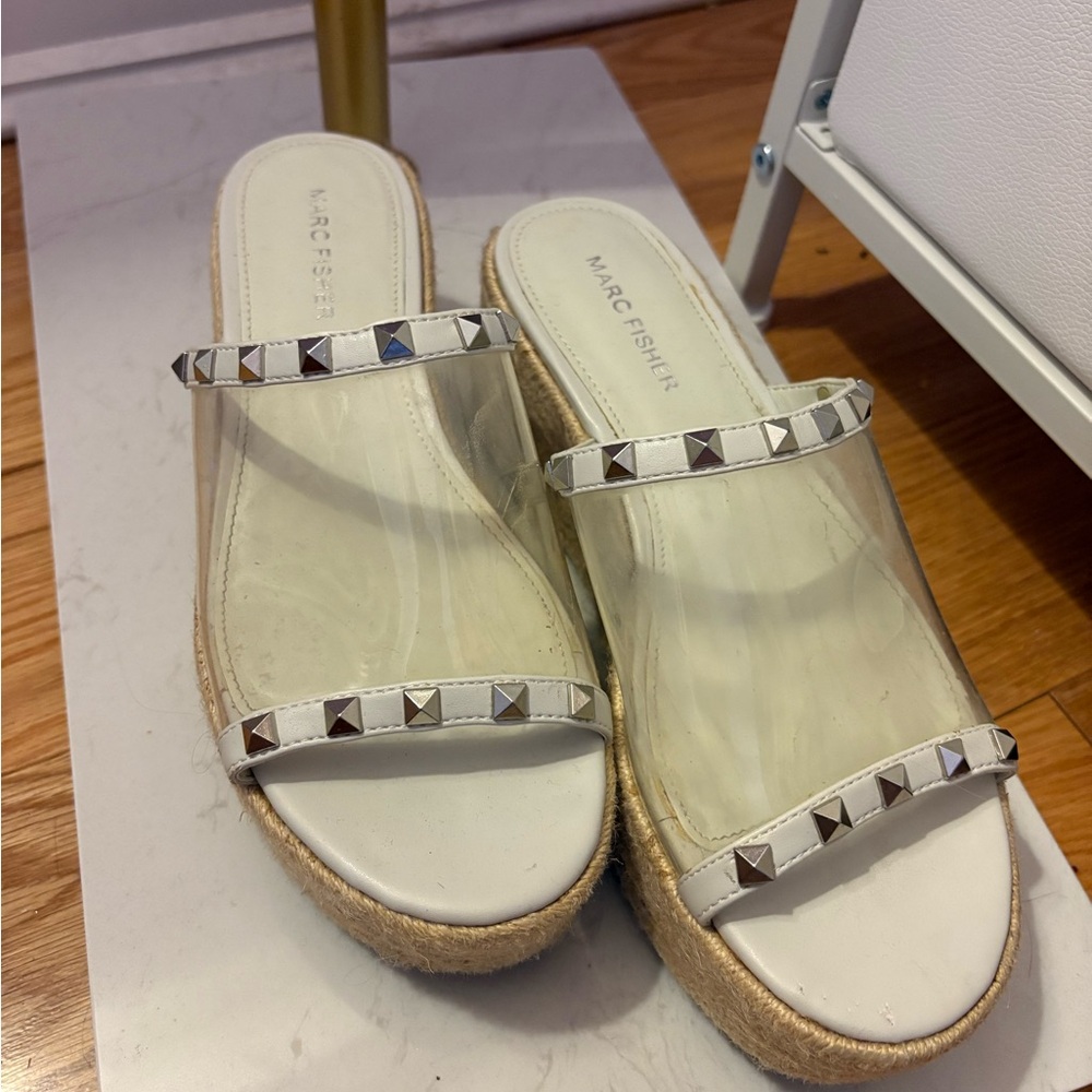 Marc Fisher White Studded Espadrille Slides